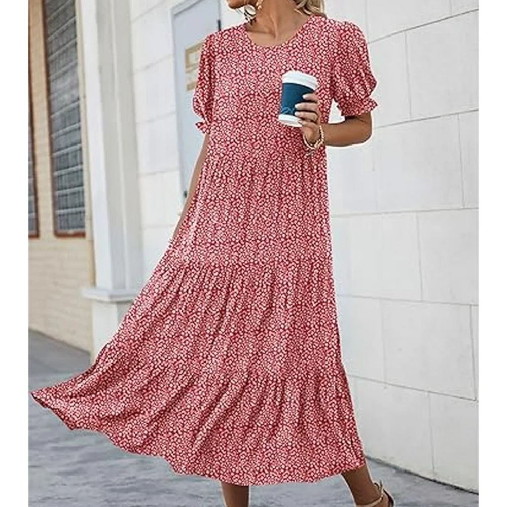 Prettygarden Red Floral Boho Tiered Midi Dress – Flowy Cottagecore Summer Dress”